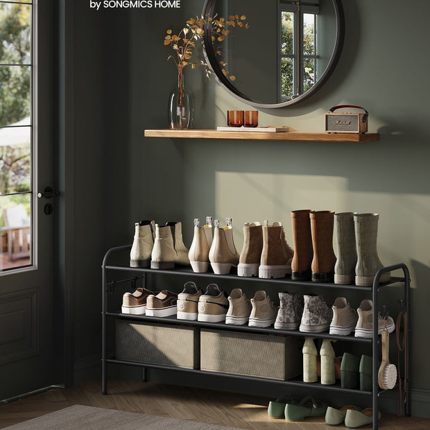3-Tier Fabric Shoe Rack – Ink Black – Height-Adjustable – Holds Up to 12 Pairs with 4 Hooks