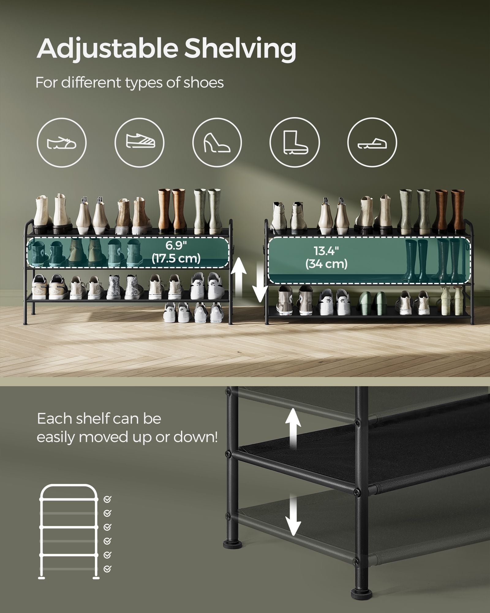 3-Tier Fabric Shoe Rack – Ink Black – Height-Adjustable – Holds Up to 12 Pairs with 4 Hooks