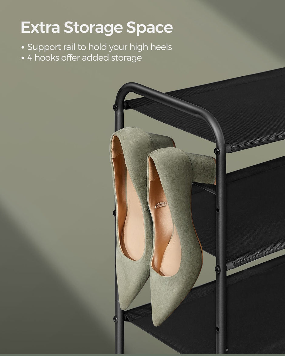 3-Tier Fabric Shoe Rack – Ink Black – Height-Adjustable – Holds Up to 12 Pairs with 4 Hooks