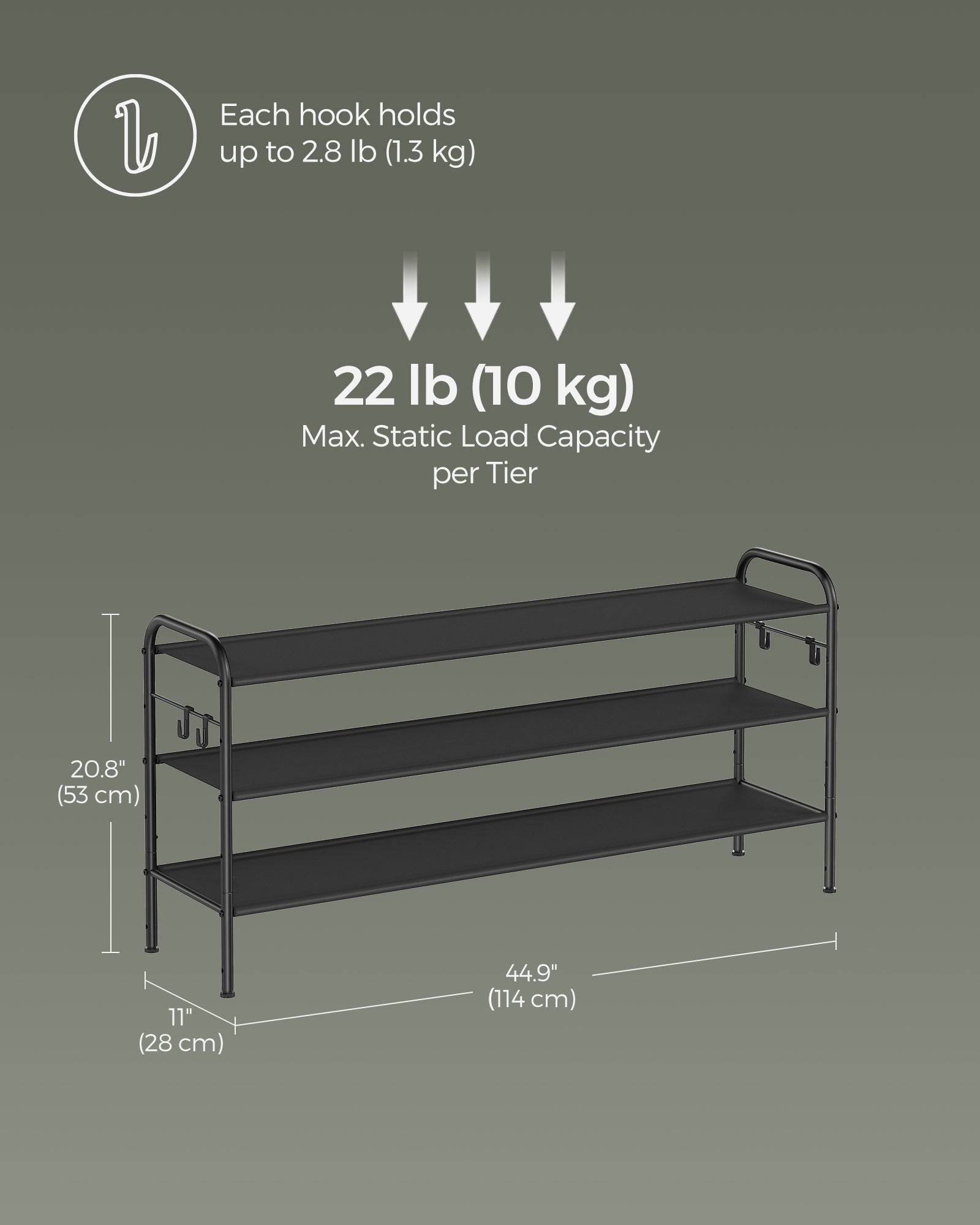 3-Tier Fabric Shoe Rack – Ink Black – Height-Adjustable – Holds Up to 12 Pairs with 4 Hooks