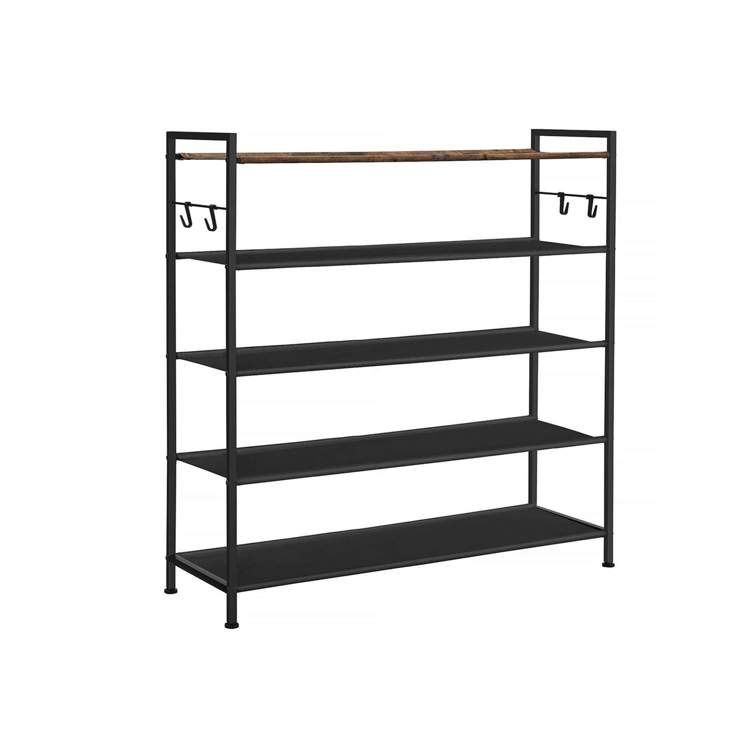 5-Tier Shoe Rack – Metal and Oxford Fabric – Rustic Brown and Black – Open Design with Hooks