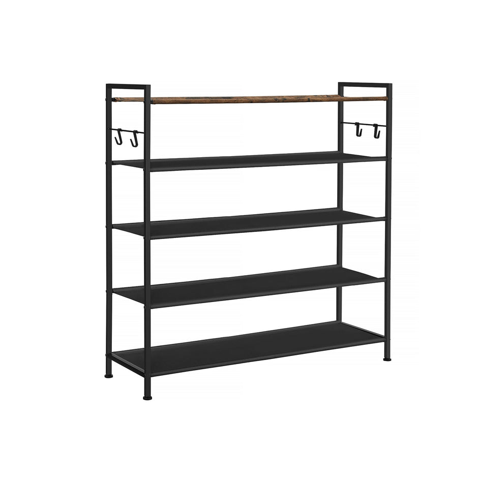 5-Tier Shoe Rack – Metal and Oxford Fabric – Rustic Brown and Black – Open Design with Hooks
