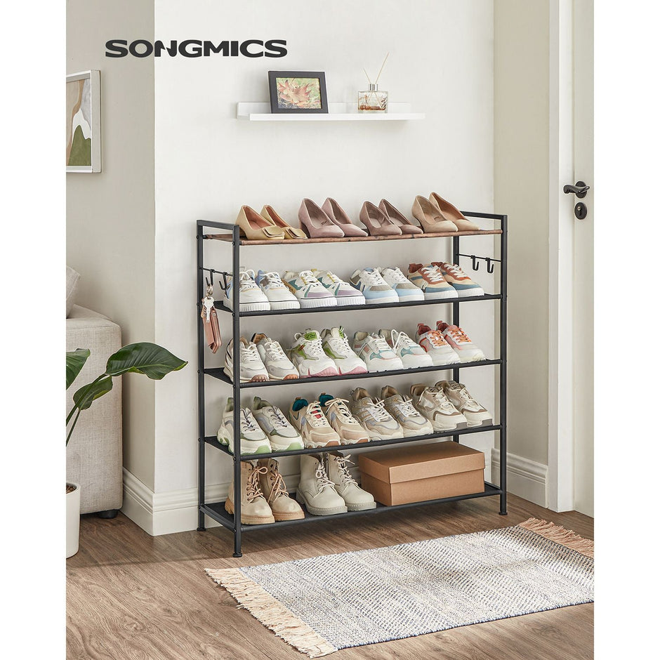 5-Tier Shoe Rack – Metal and Oxford Fabric – Rustic Brown and Black – Open Design with Hooks