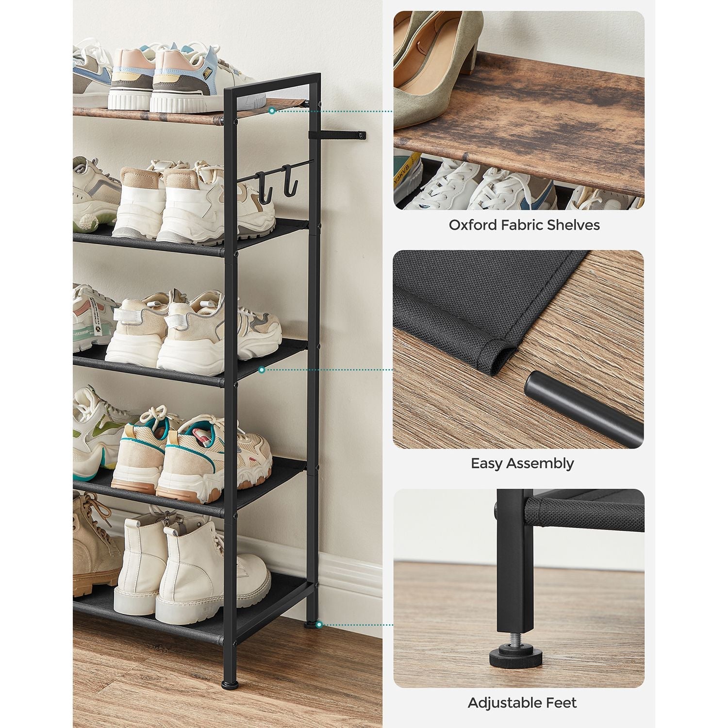 5-Tier Shoe Rack – Metal and Oxford Fabric – Rustic Brown and Black – Open Design with Hooks