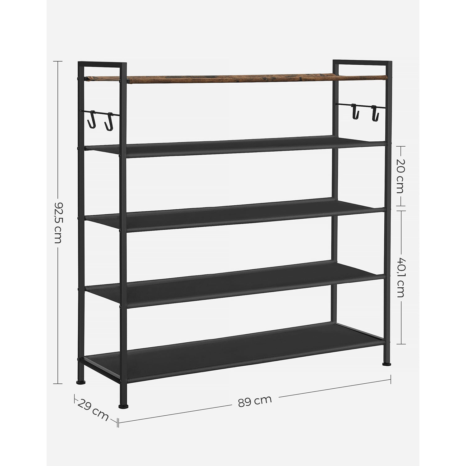 5-Tier Shoe Rack – Metal and Oxford Fabric – Rustic Brown and Black – Open Design with Hooks