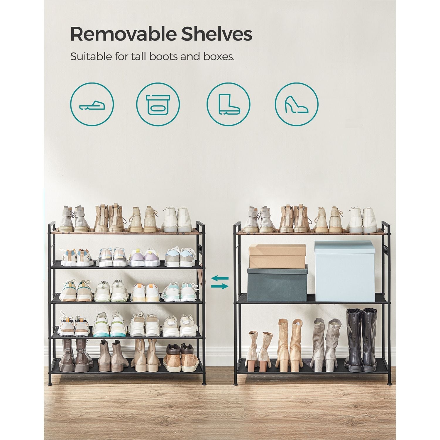 5-Tier Shoe Rack – Metal and Oxford Fabric – Rustic Brown and Black – Open Design with Hooks