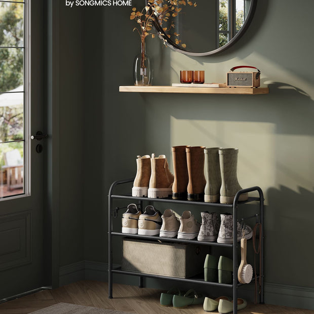 3-Tier Fabric Shoe Rack – Ink Black – Height-Adjustable – Holds Up to 12 Pairs with 4 Hooks