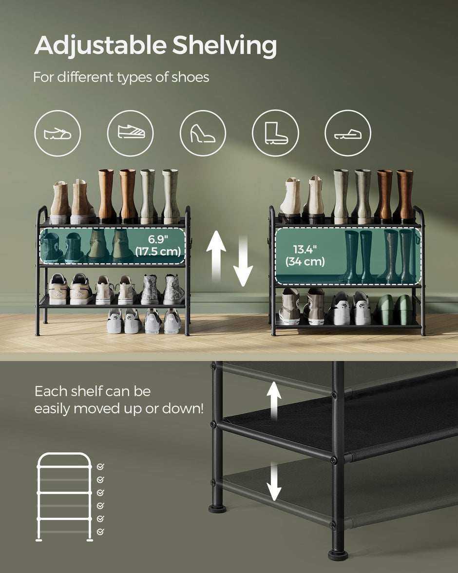 3-Tier Fabric Shoe Rack – Ink Black – Height-Adjustable – Holds Up to 12 Pairs with 4 Hooks