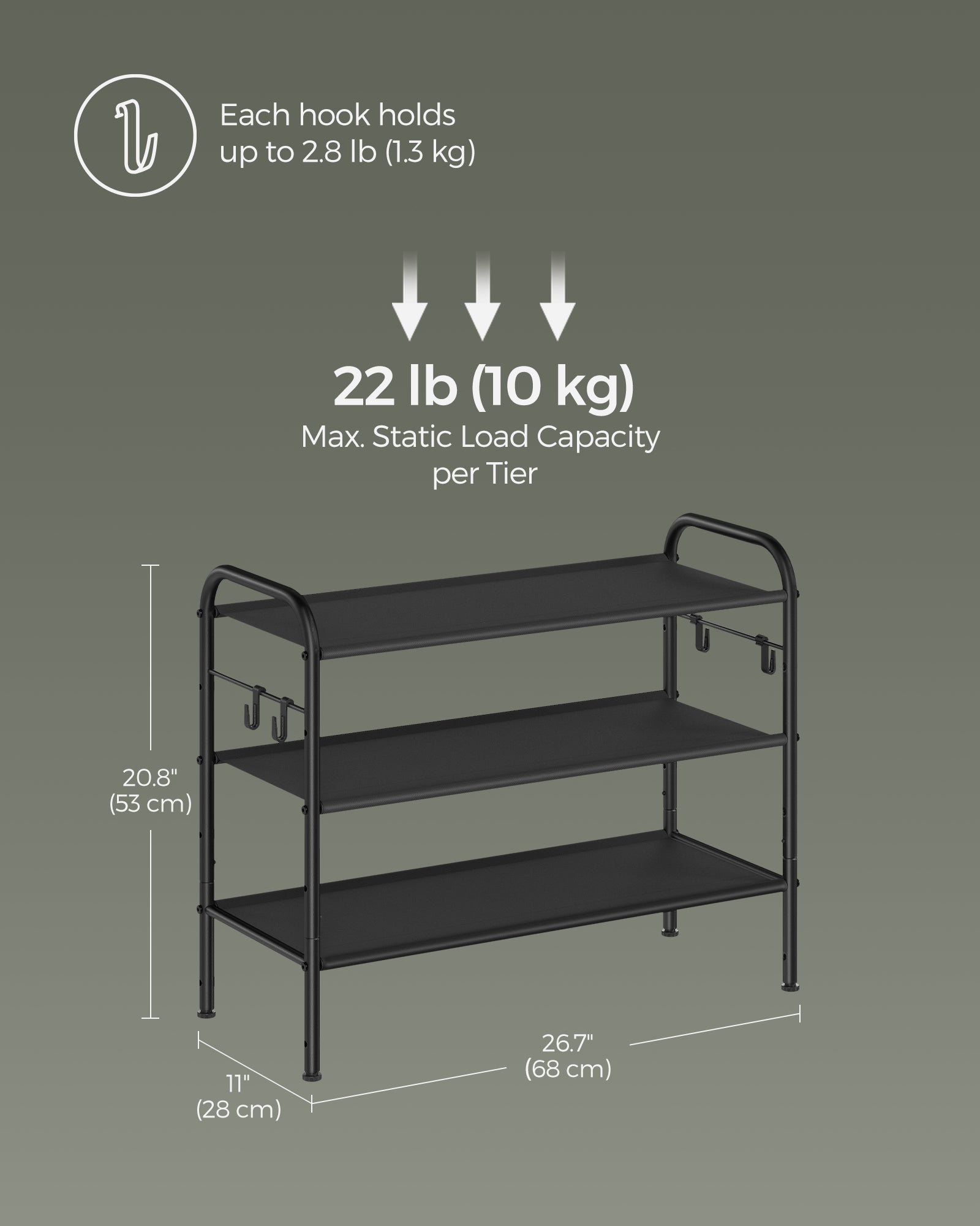 3-Tier Fabric Shoe Rack – Ink Black – Height-Adjustable – Holds Up to 12 Pairs with 4 Hooks