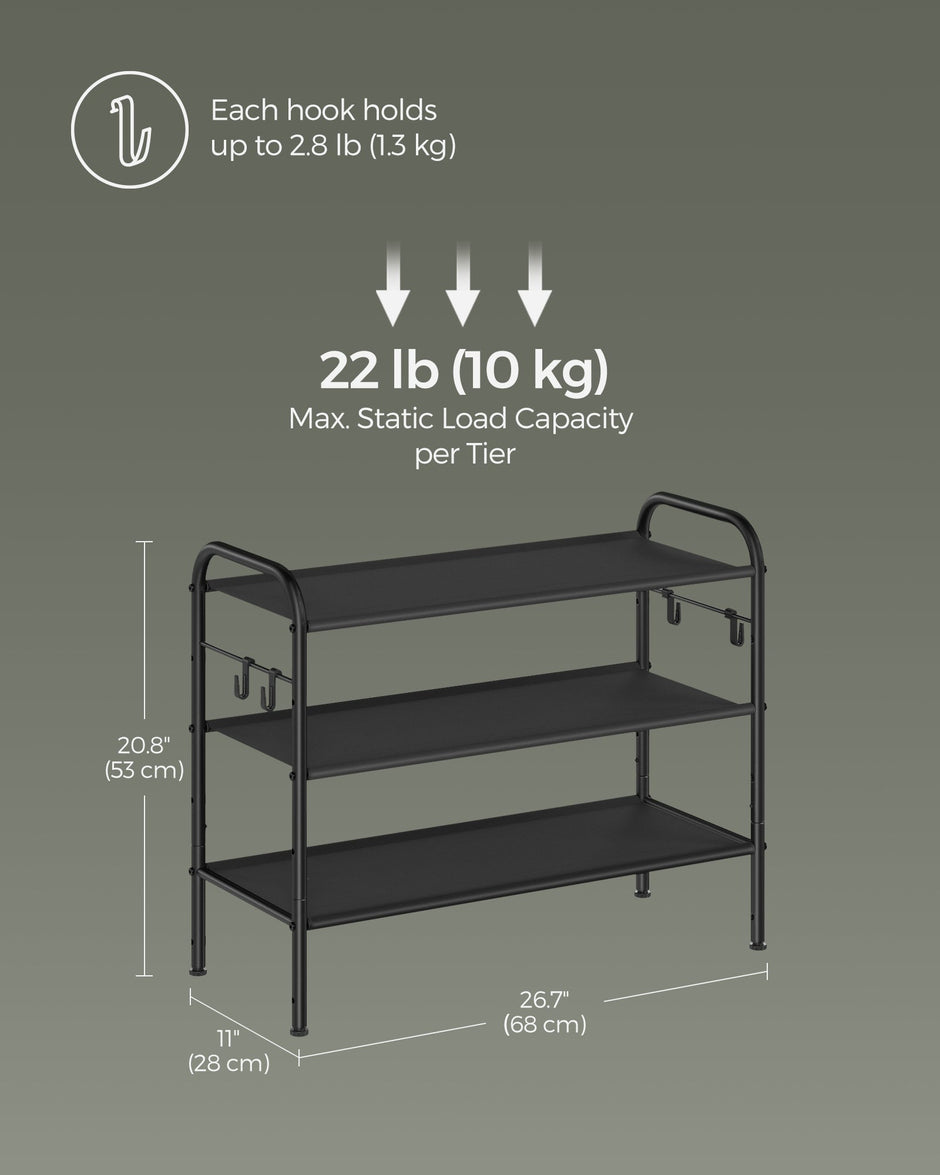 3-Tier Fabric Shoe Rack – Ink Black – Height-Adjustable – Holds Up to 12 Pairs with 4 Hooks