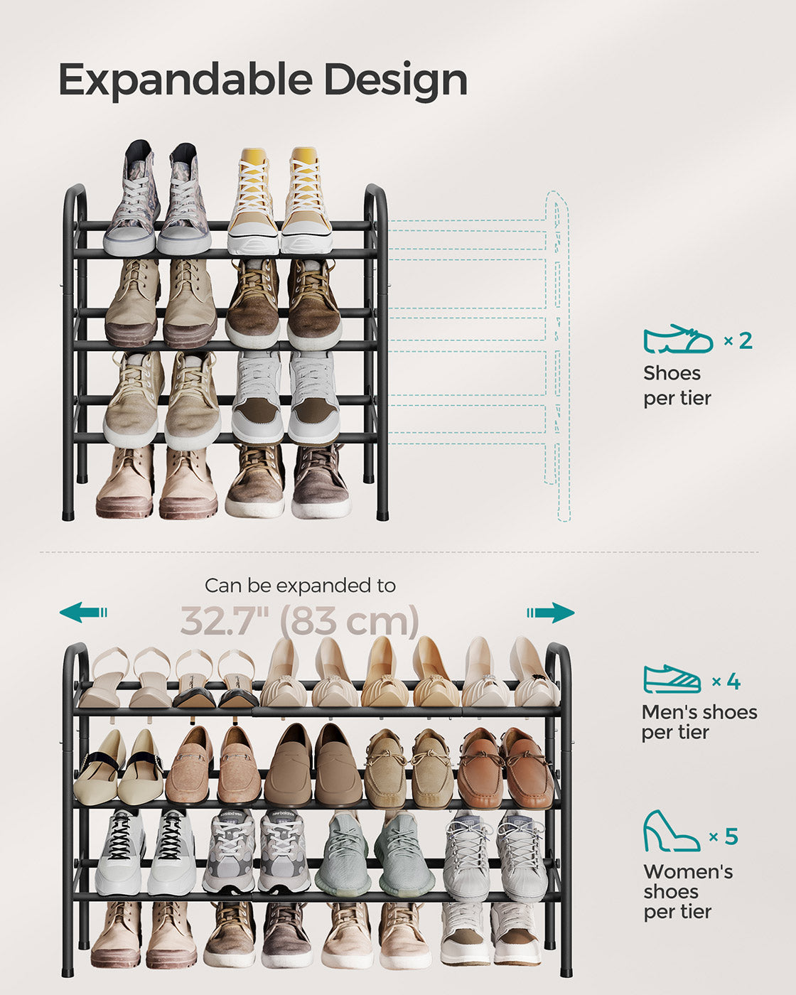 Expandable Shoe Rack – Metal – Ink Black – Adjustable and Free Standing