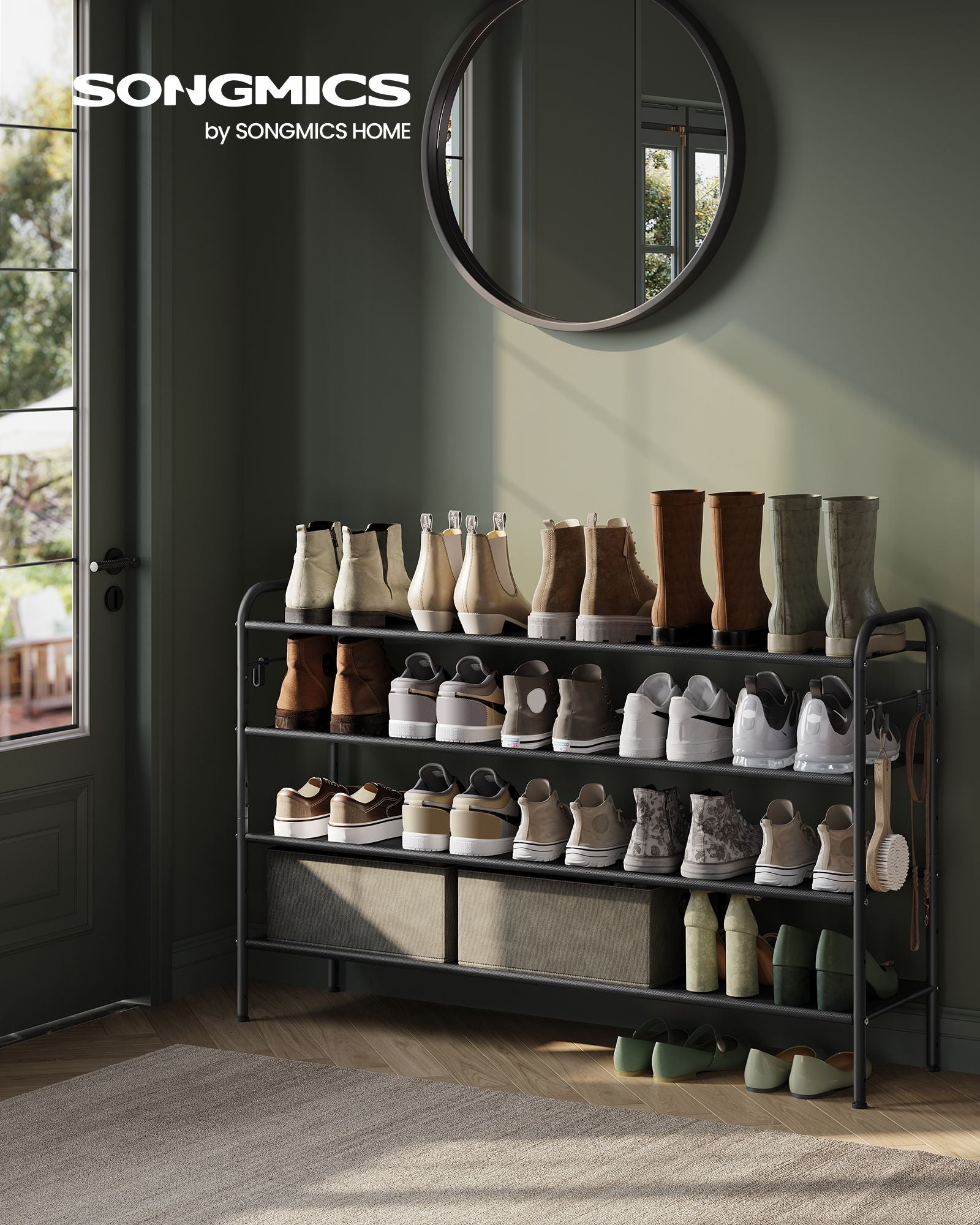 Fabric Shoe Rack – Ink Black – 4-Tier with 4 Hooks – Height-Adjustable, Holds up to 12 Pairs