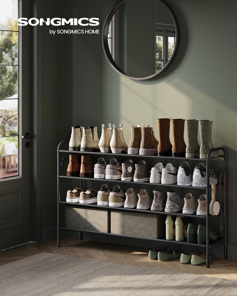 Fabric Shoe Rack – Ink Black – 4-Tier with 4 Hooks – Height-Adjustable, Holds up to 12 Pairs