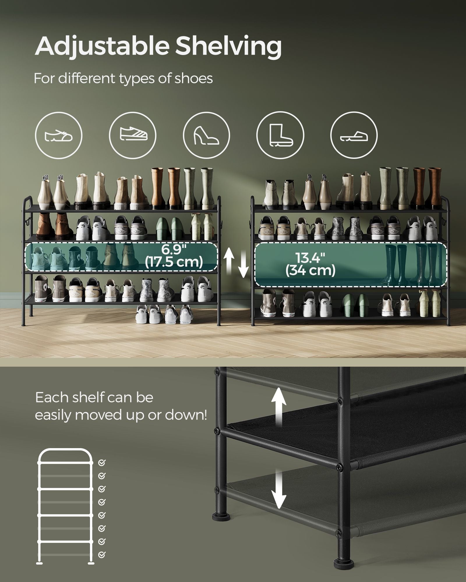 Fabric Shoe Rack – Ink Black – 4-Tier with 4 Hooks – Height-Adjustable, Holds up to 12 Pairs