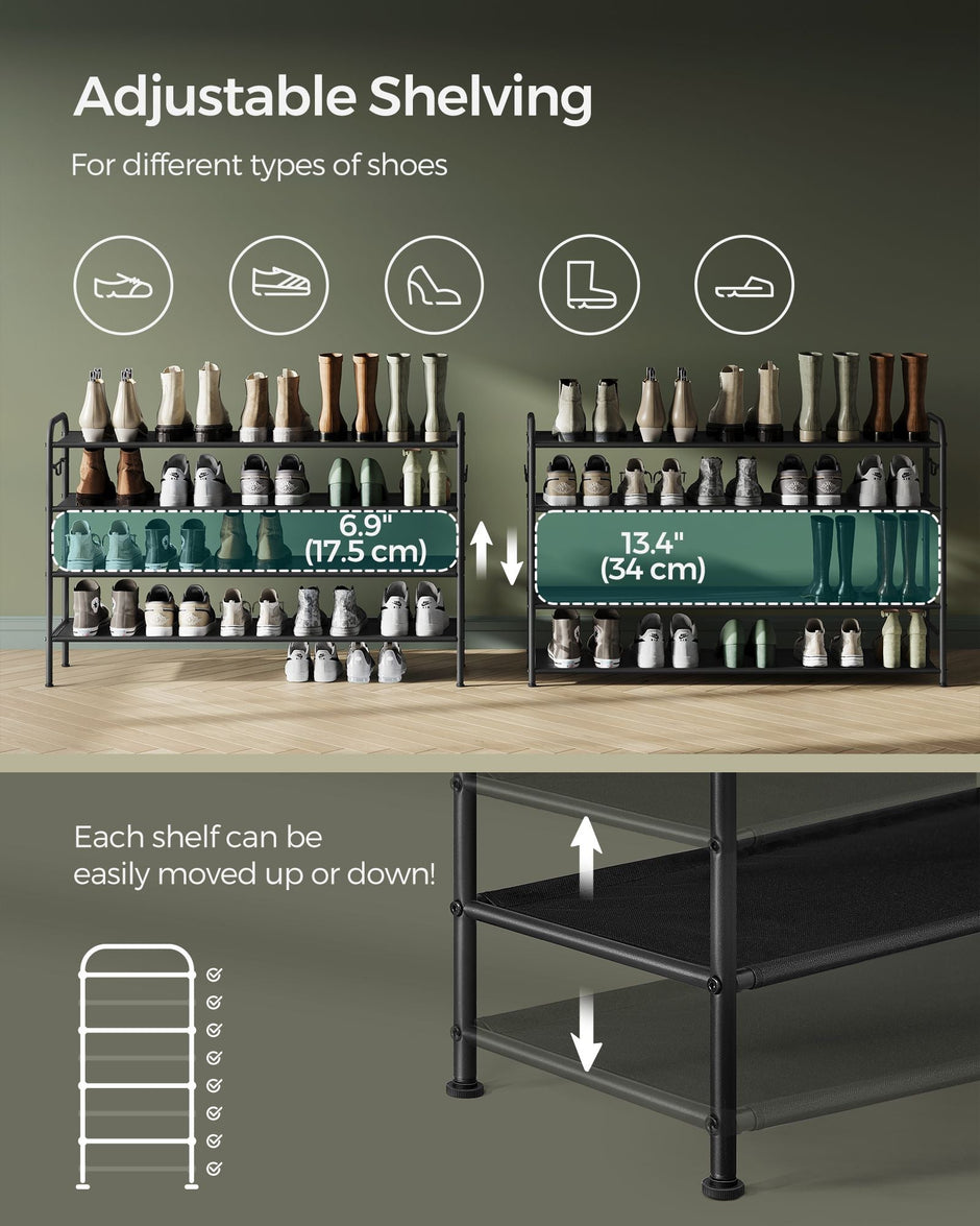 Fabric Shoe Rack – Ink Black – 4-Tier with 4 Hooks – Height-Adjustable, Holds up to 12 Pairs