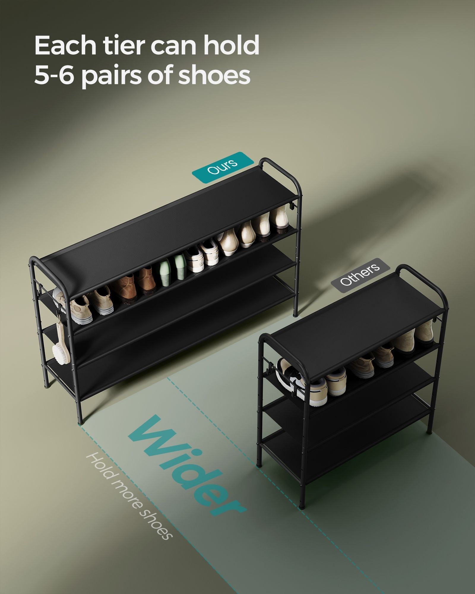 Fabric Shoe Rack – Ink Black – 4-Tier with 4 Hooks – Height-Adjustable, Holds up to 12 Pairs