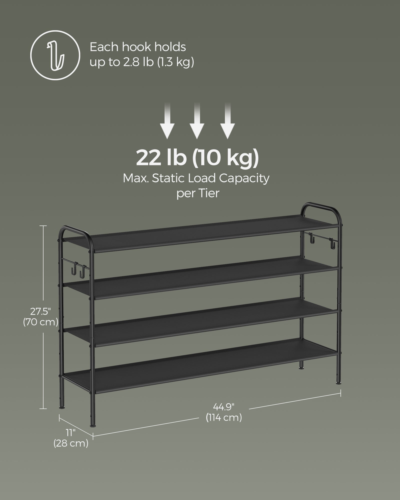 Fabric Shoe Rack – Ink Black – 4-Tier with 4 Hooks – Height-Adjustable, Holds up to 12 Pairs