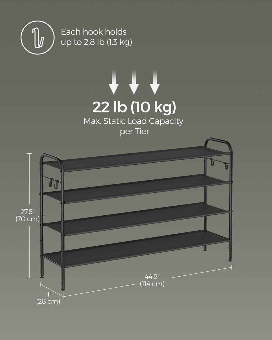 Fabric Shoe Rack – Ink Black – 4-Tier with 4 Hooks – Height-Adjustable, Holds up to 12 Pairs