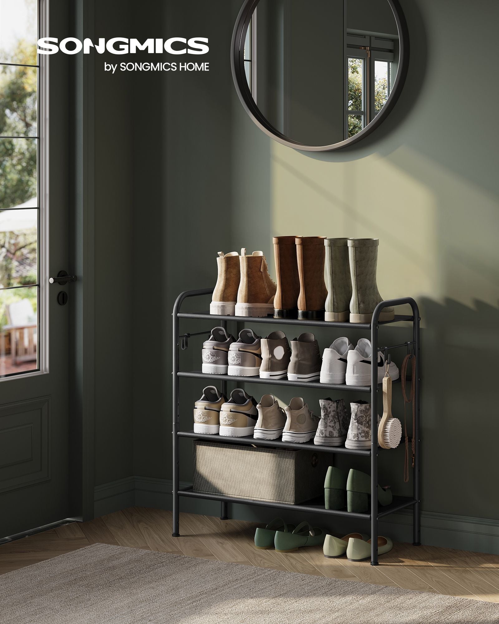 Shoe Rack – Fabric – Ink Black – 4-Tier with Hooks and Height-Adjustable Design