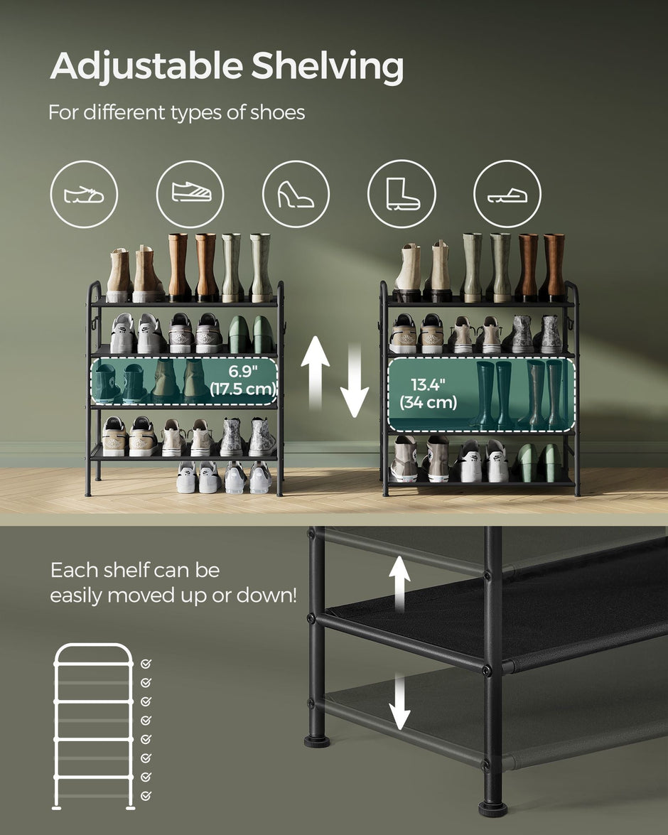 Shoe Rack – Fabric – Ink Black – 4-Tier with Hooks and Height-Adjustable Design