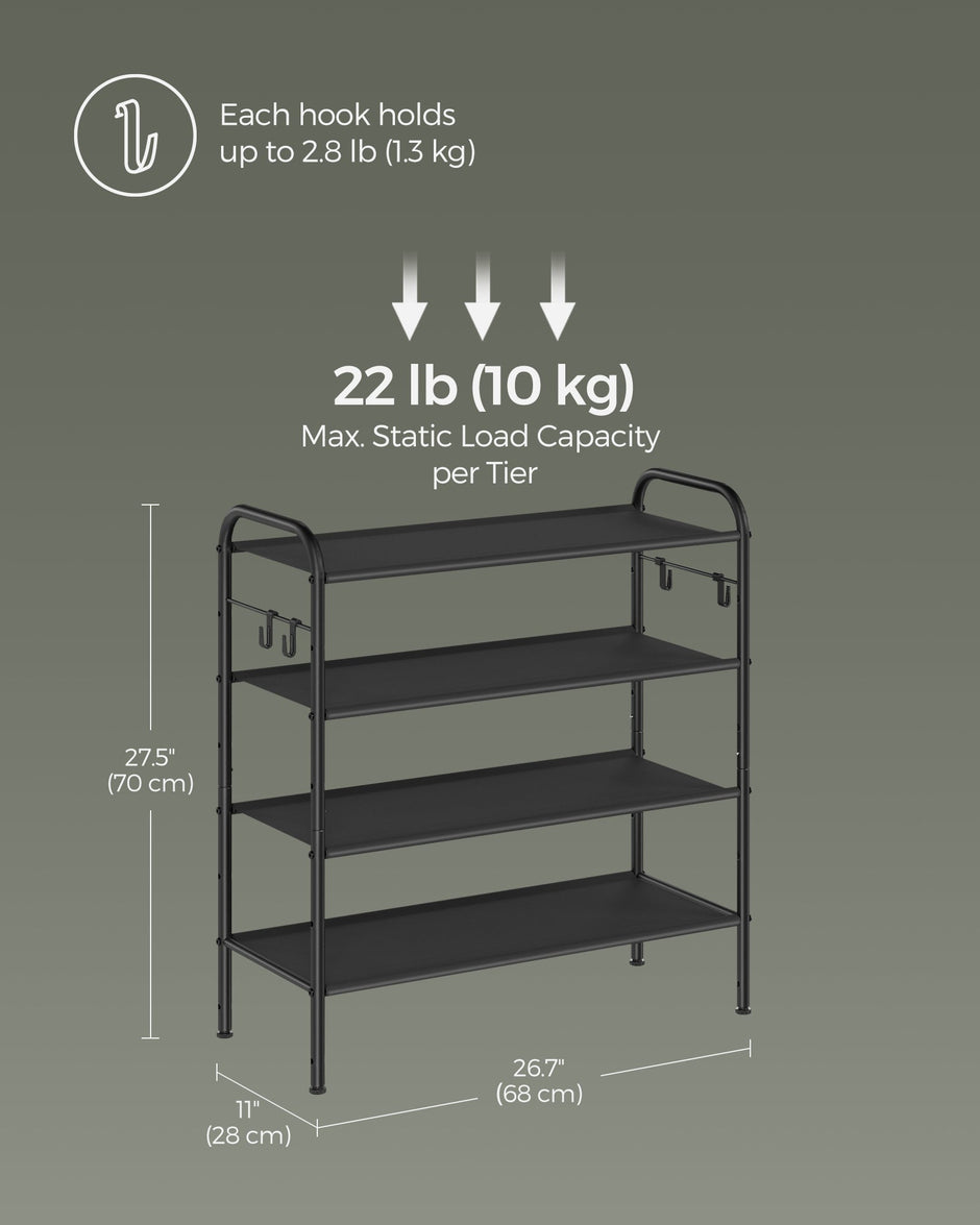 Shoe Rack – Fabric – Ink Black – 4-Tier with Hooks and Height-Adjustable Design