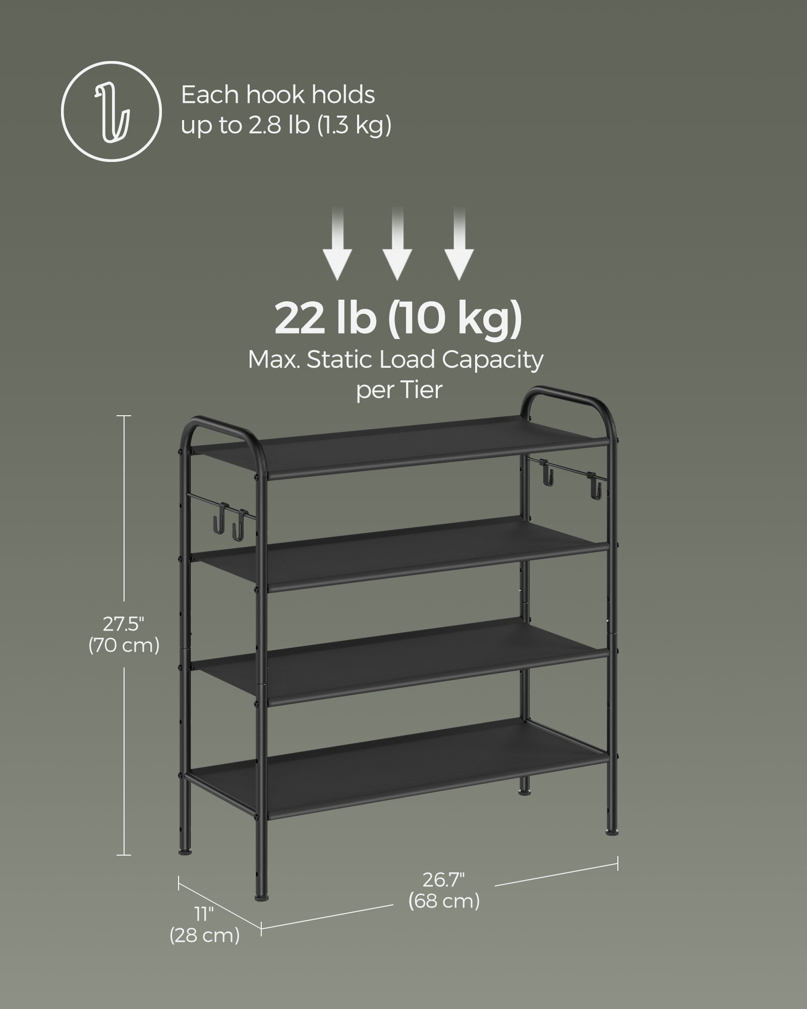 Shoe Rack – Fabric – Ink Black – 4-Tier with Hooks and Height-Adjustable Design
