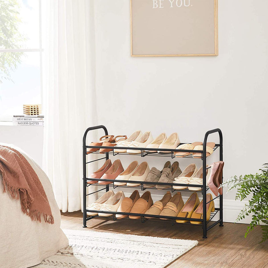 Shoe Rack – Steel – Black – Adjustable 3-Tier Storage for Up to 12 Pairs