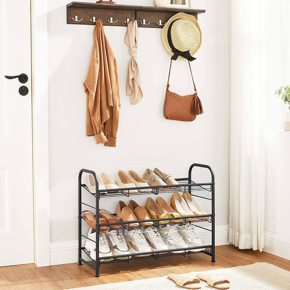Shoe Rack – Steel – Black – Adjustable 3-Tier Storage for Up to 12 Pairs