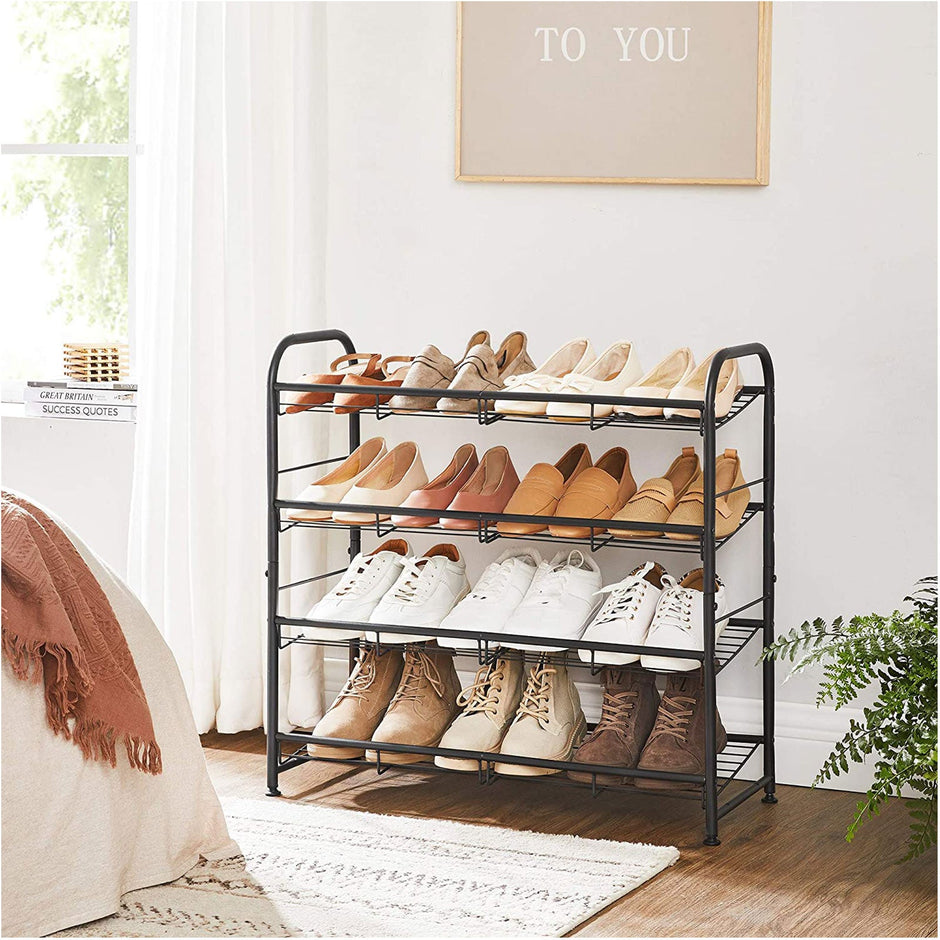 4 Tier Shoe Rack – Steel – Black – Stackable Storage for Up to 12 Pairs