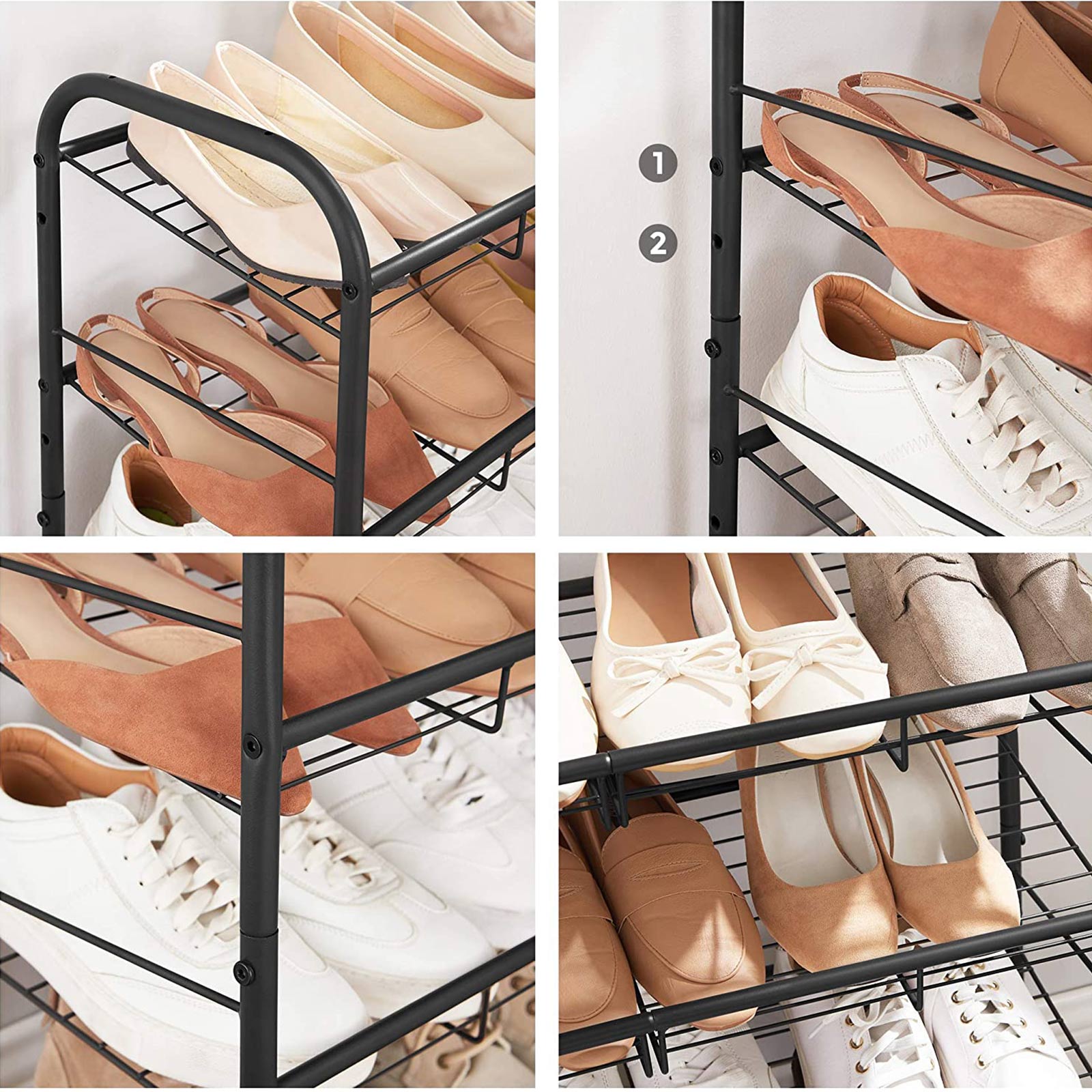 4 Tier Shoe Rack – Steel – Black – Stackable Storage for Up to 12 Pairs