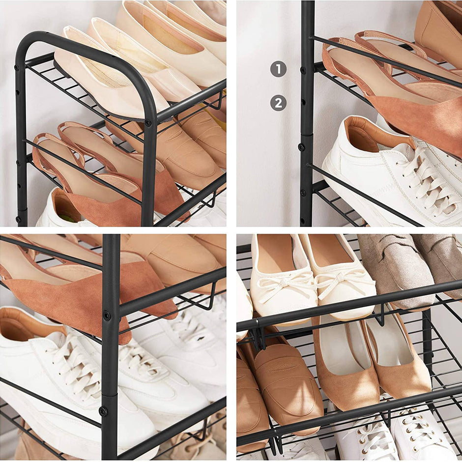 4 Tier Shoe Rack – Steel – Black – Stackable Storage for Up to 12 Pairs