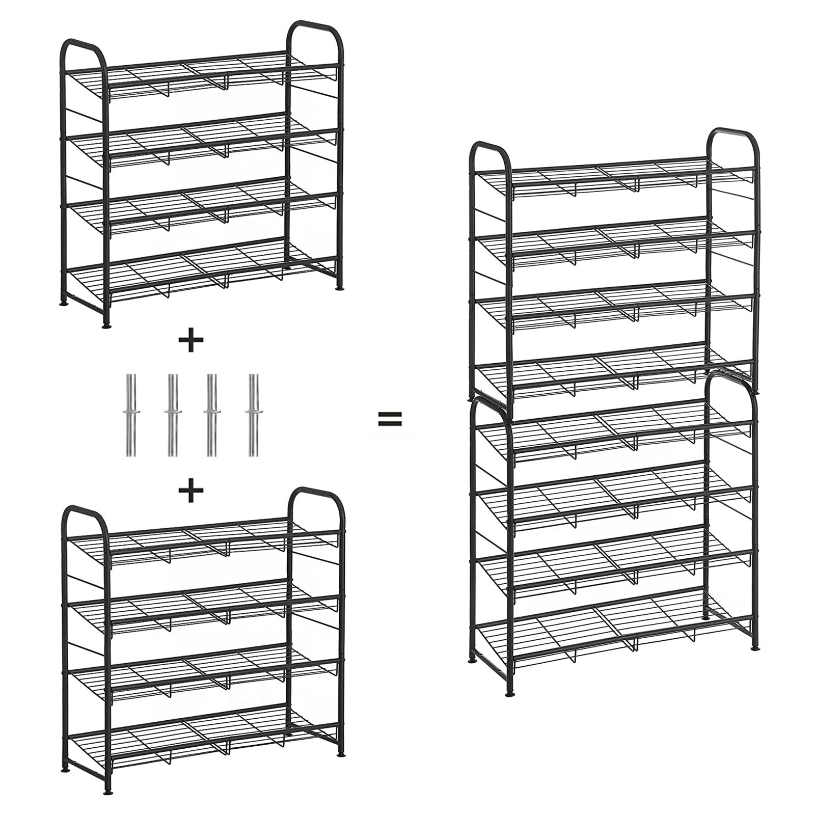 4 Tier Shoe Rack – Steel – Black – Stackable Storage for Up to 12 Pairs