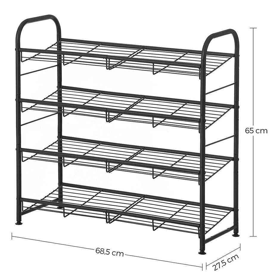4 Tier Shoe Rack – Steel – Black – Stackable Storage for Up to 12 Pairs
