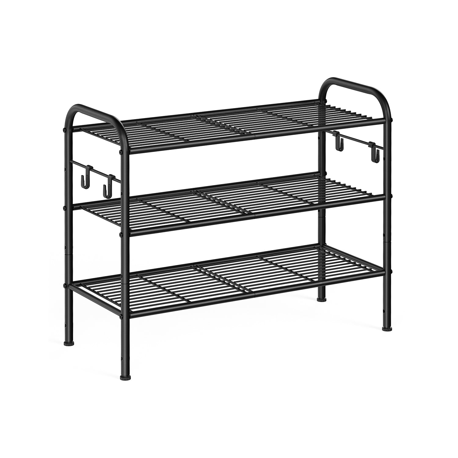 3-Tier Metal Shoe Rack – Ink Black – Holds 12 Pairs – Height-Adjustable with 4 Side Hooks