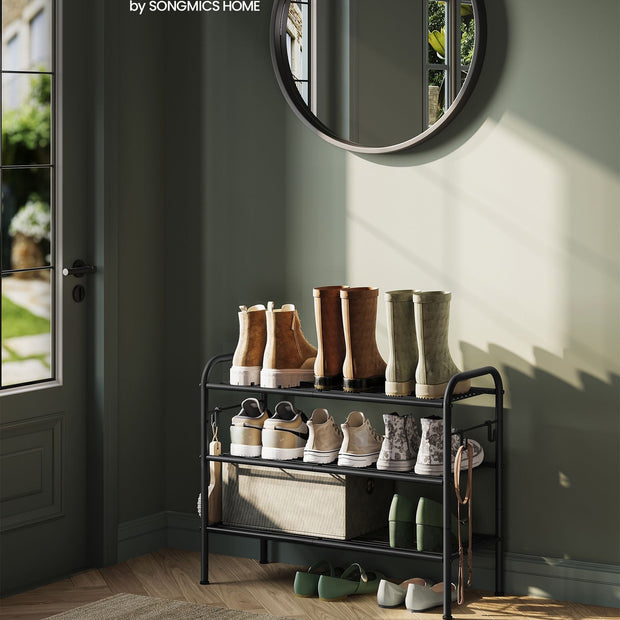 3-Tier Metal Shoe Rack – Ink Black – Holds 12 Pairs – Height-Adjustable with 4 Side Hooks