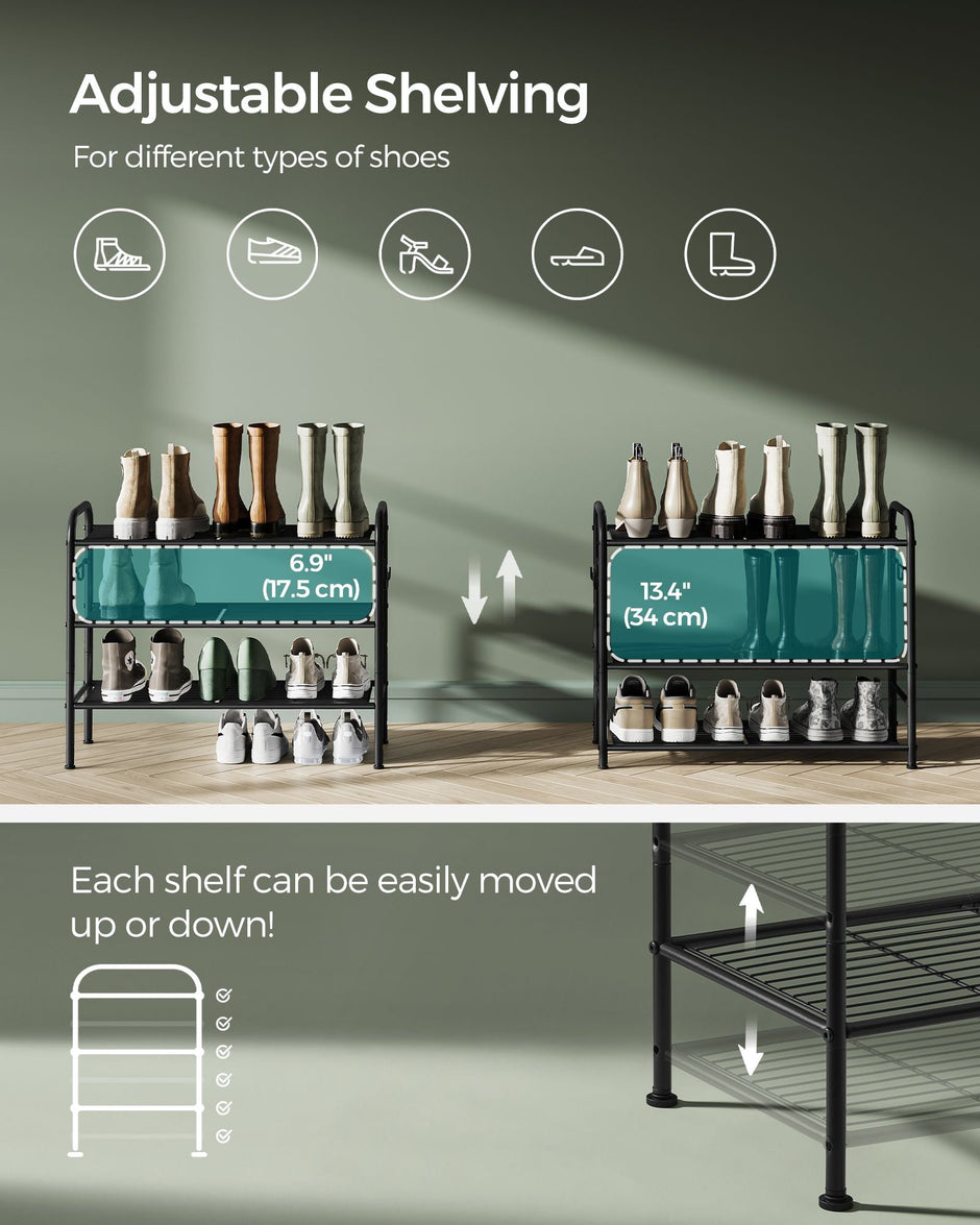 3-Tier Metal Shoe Rack – Ink Black – Holds 12 Pairs – Height-Adjustable with 4 Side Hooks
