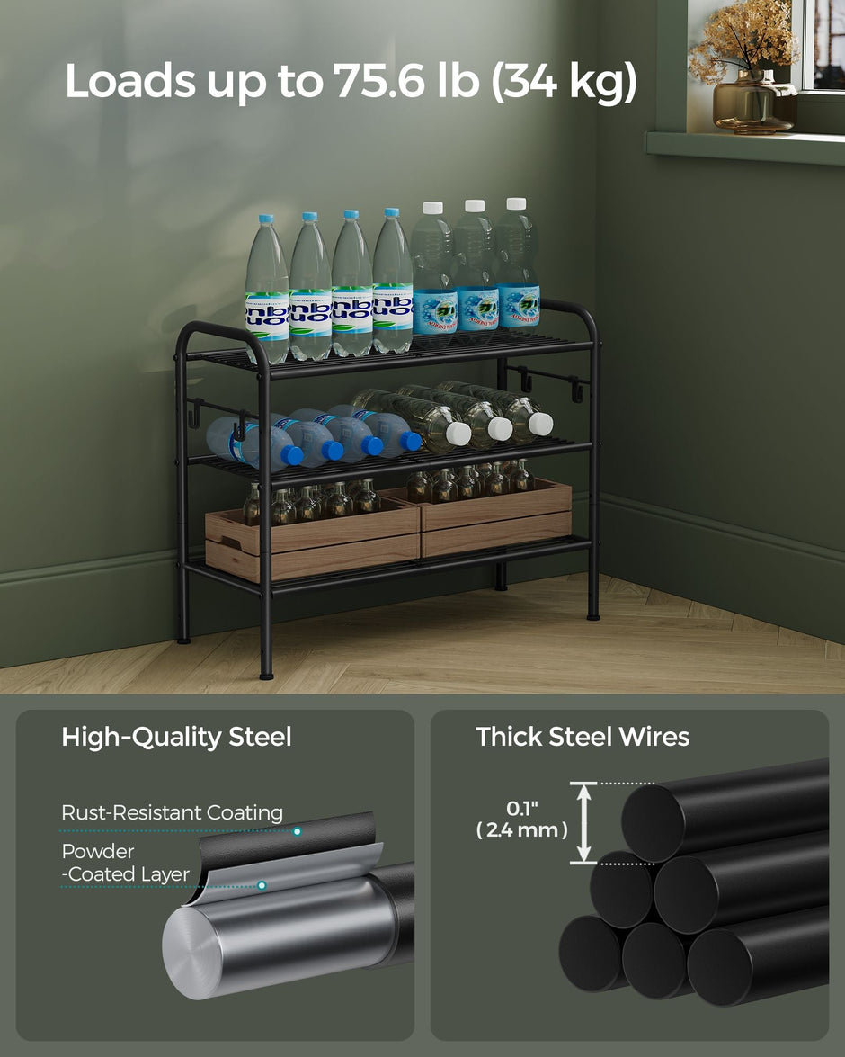 3-Tier Metal Shoe Rack – Ink Black – Holds 12 Pairs – Height-Adjustable with 4 Side Hooks