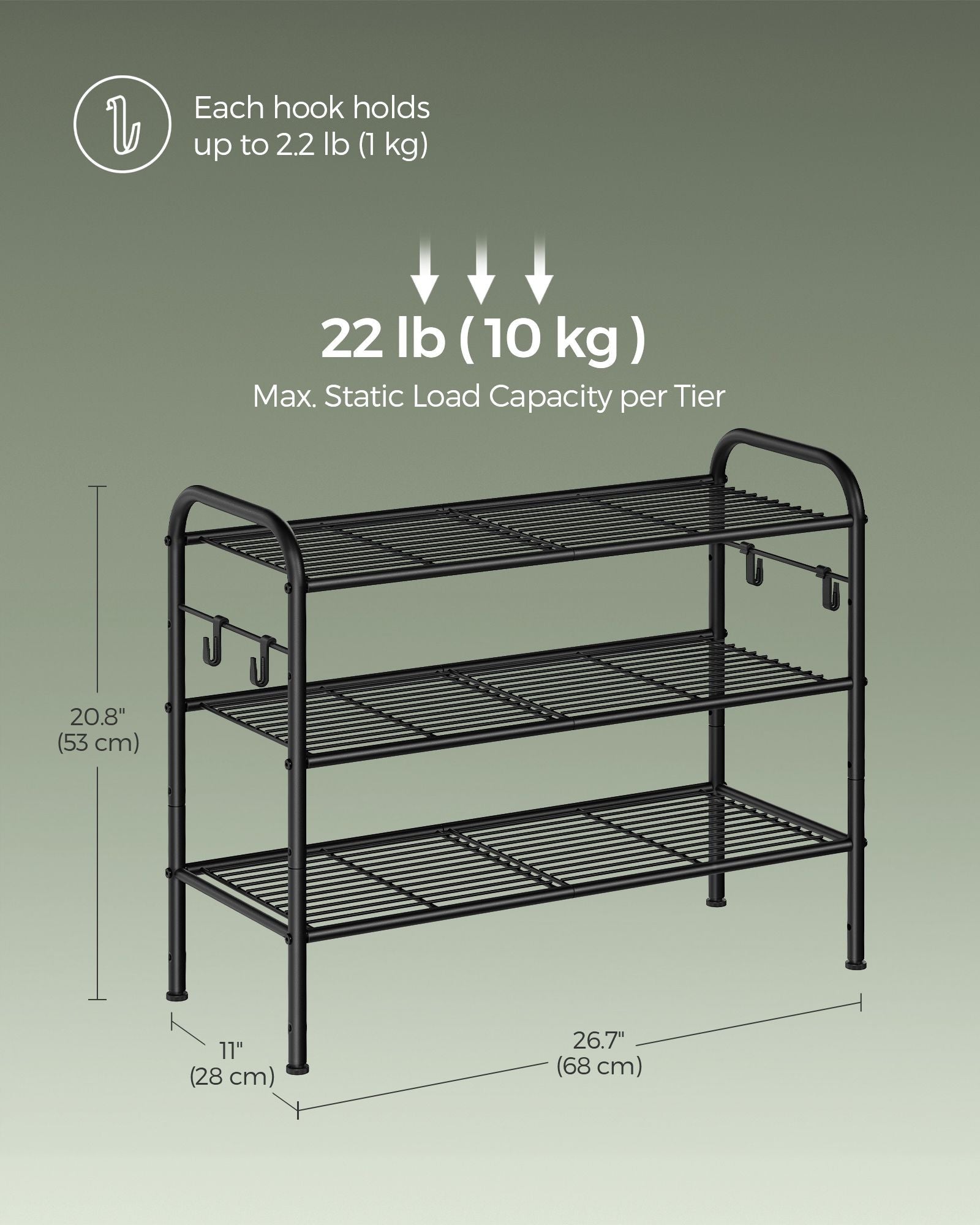 3-Tier Metal Shoe Rack – Ink Black – Holds 12 Pairs – Height-Adjustable with 4 Side Hooks
