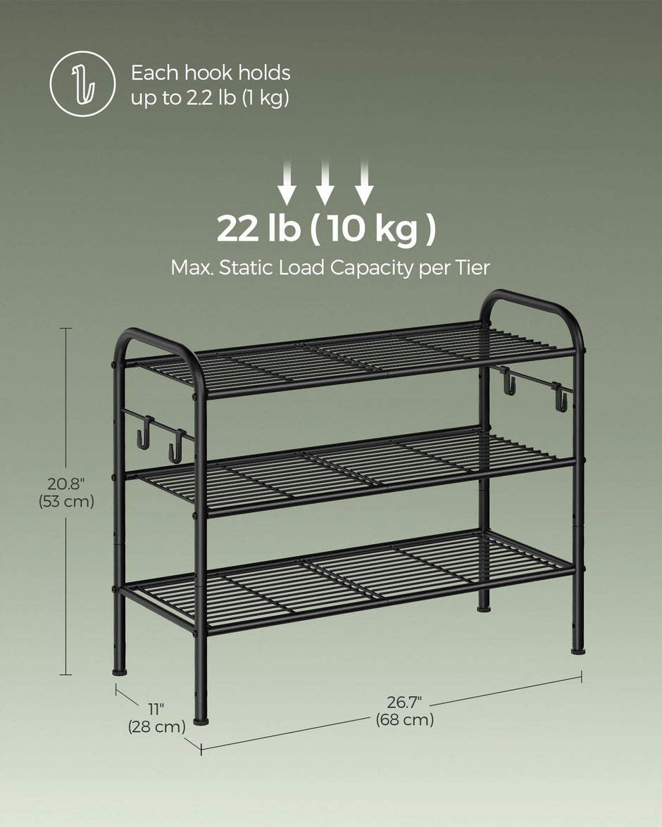 3-Tier Metal Shoe Rack – Ink Black – Holds 12 Pairs – Height-Adjustable with 4 Side Hooks