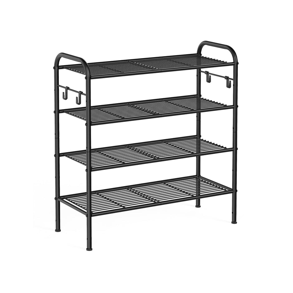 Shoe Rack – Metal – Ink Black – 4-Tier with Hooks, Holds 12 Pairs