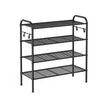Shoe Rack – Metal – Ink Black – 4-Tier with Hooks, Holds 12 Pairs