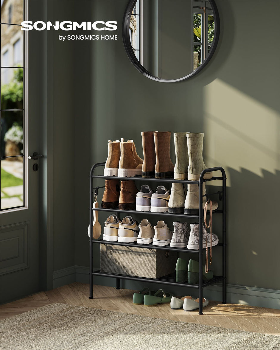 Shoe Rack – Metal – Ink Black – 4-Tier with Hooks, Holds 12 Pairs