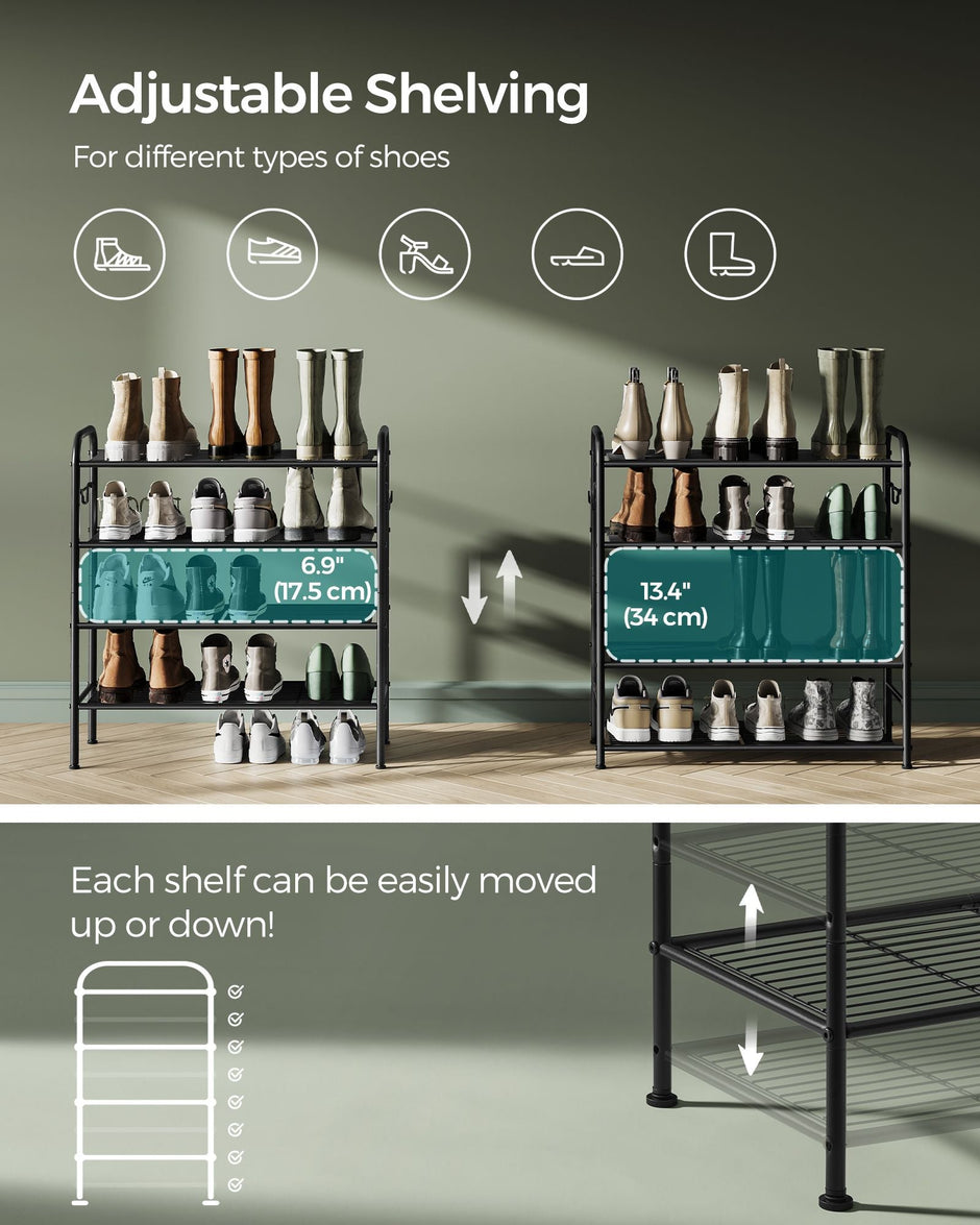 Shoe Rack – Metal – Ink Black – 4-Tier with Hooks, Holds 12 Pairs