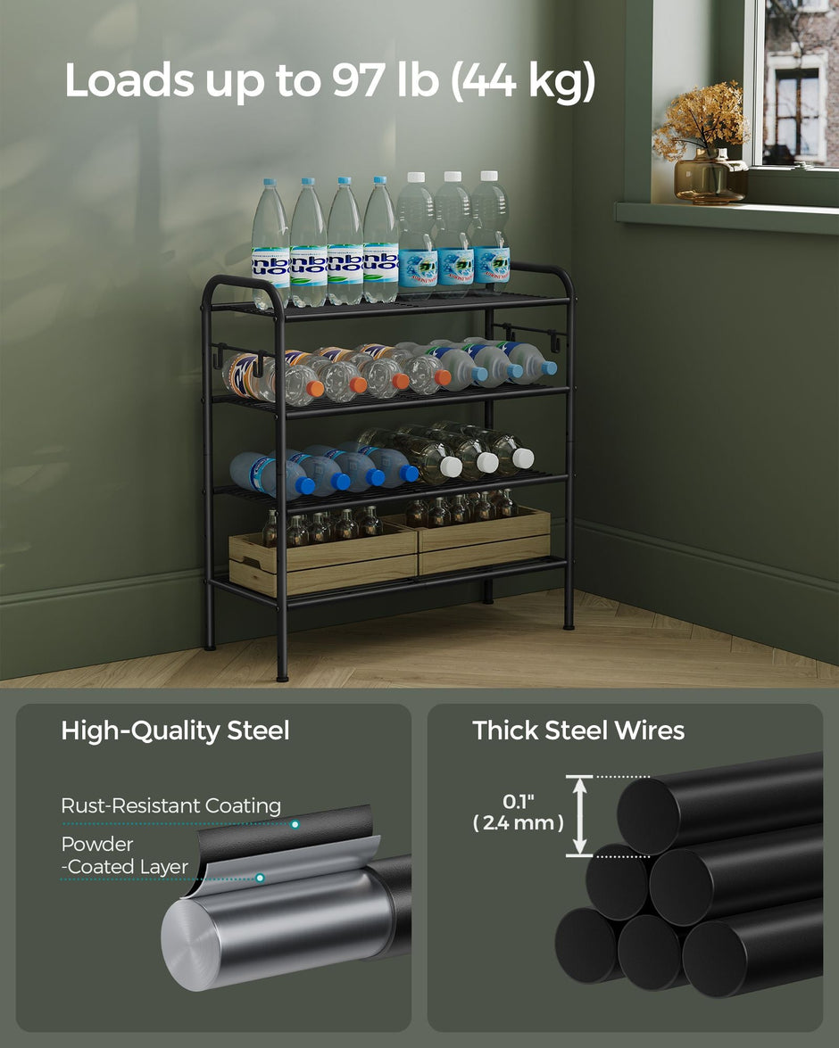 Shoe Rack – Metal – Ink Black – 4-Tier with Hooks, Holds 12 Pairs