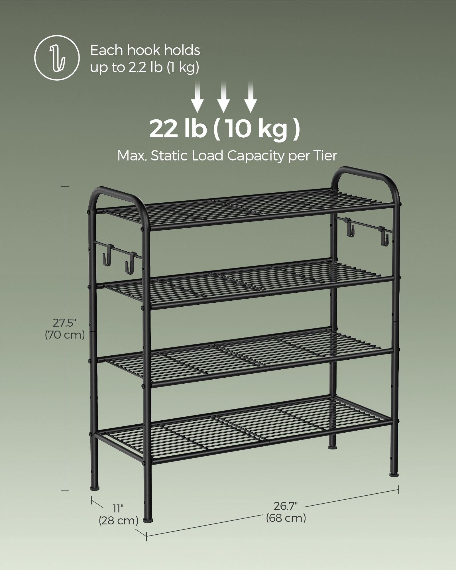 Shoe Rack – Metal – Ink Black – 4-Tier with Hooks, Holds 12 Pairs