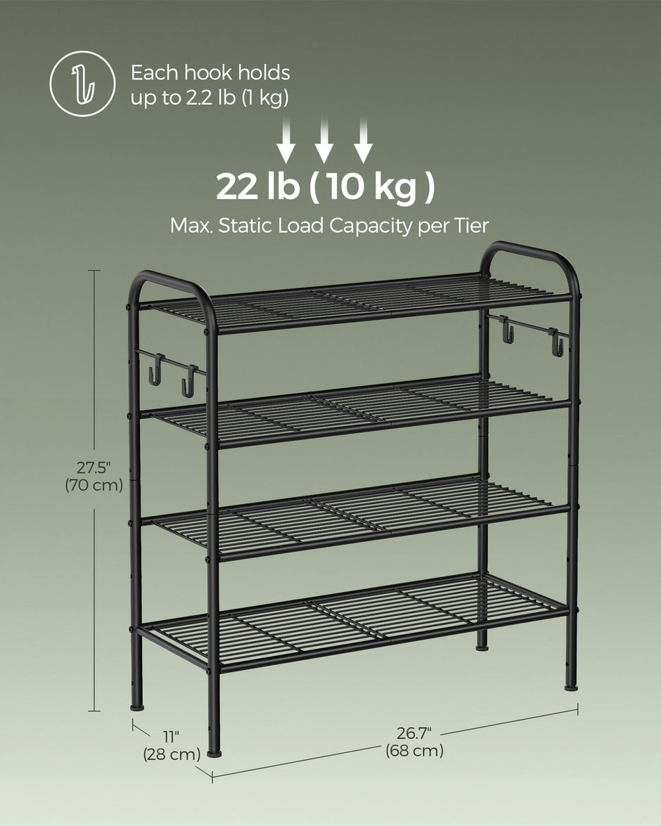 Shoe Rack – Metal – Ink Black – 4-Tier with Hooks, Holds 12 Pairs