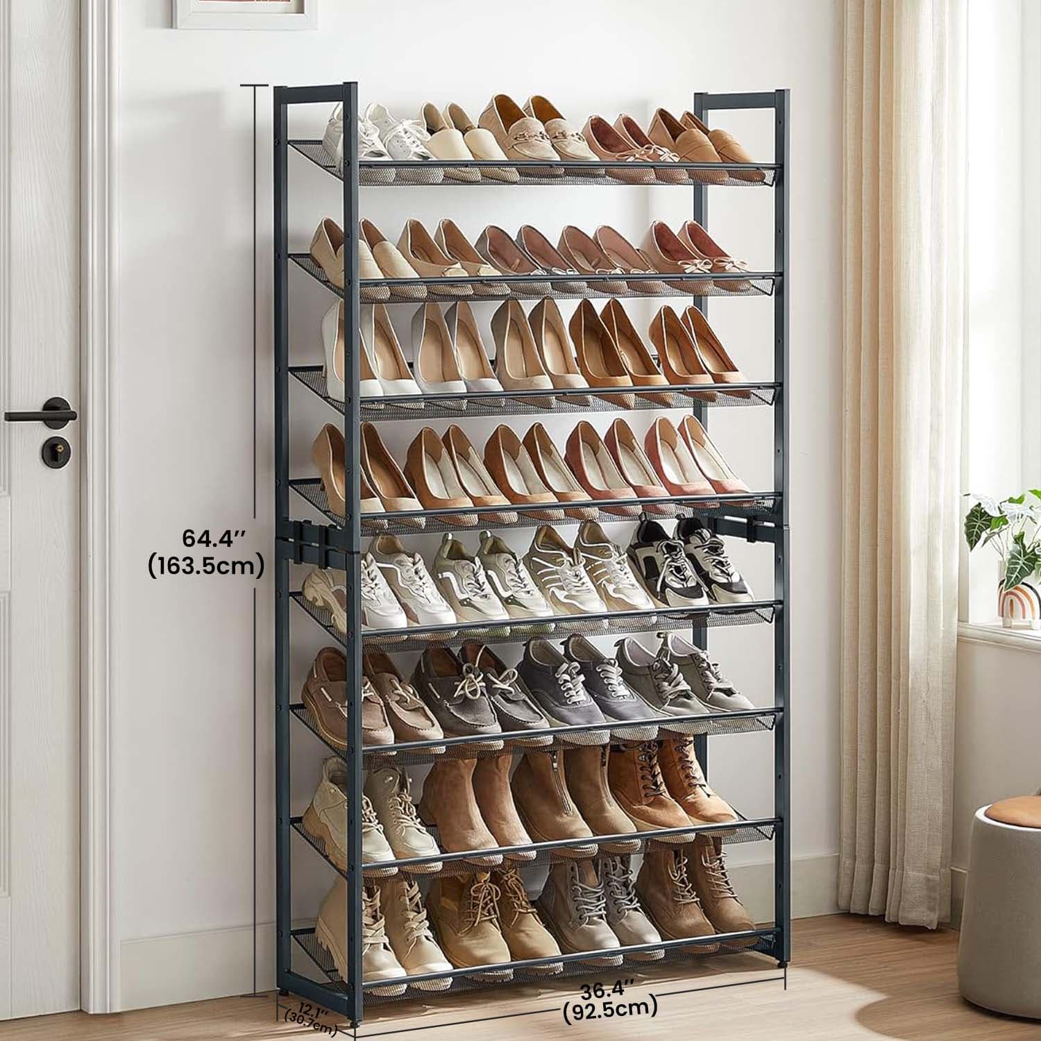 8-Tier Shoe Rack – Metal – Black – Large Capacity with Adjustable Shelves