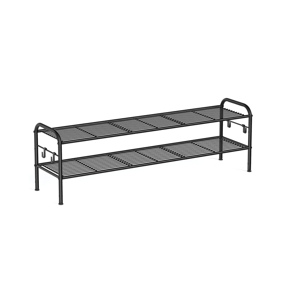 Shoe Rack – Metal – Ink Black – 2-Tier Design with 4 Hooks, Holds 12 Pairs