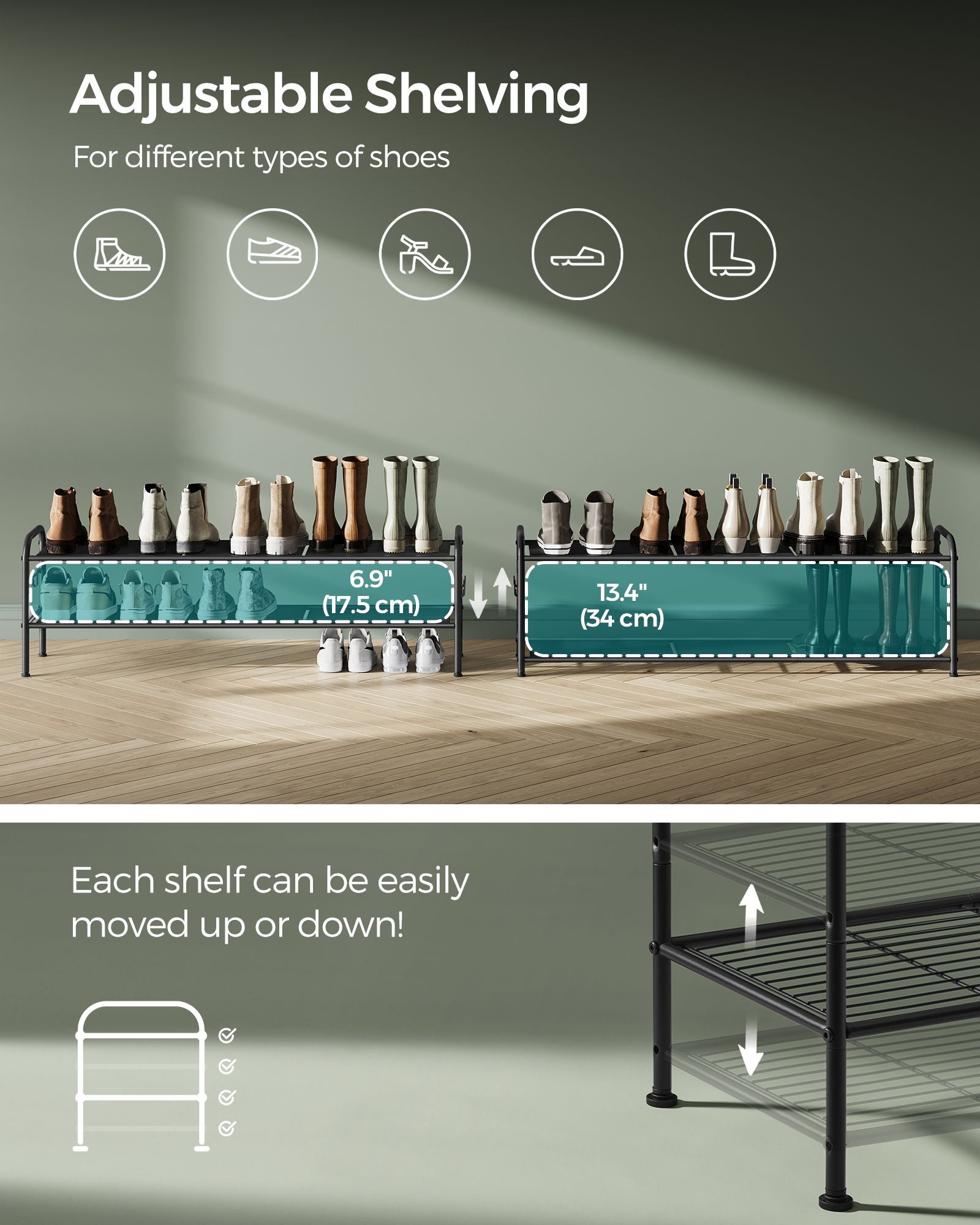 Shoe Rack – Metal – Ink Black – 2-Tier Design with 4 Hooks, Holds 12 Pairs