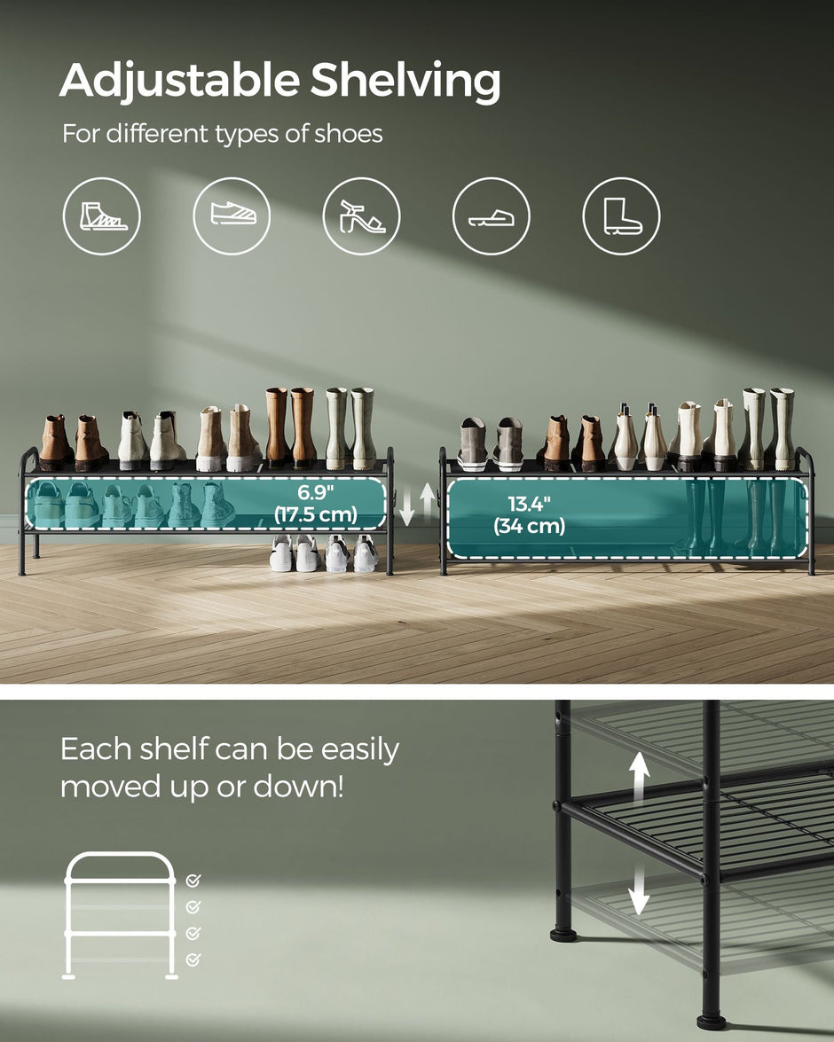 Shoe Rack – Metal – Ink Black – 2-Tier Design with 4 Hooks, Holds 12 Pairs